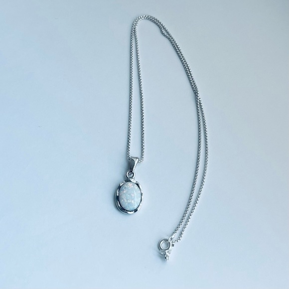 Sterling Silver Wavy White Lab Opal Necklace, October Birthstone Necklaces - Picture 7 of 11